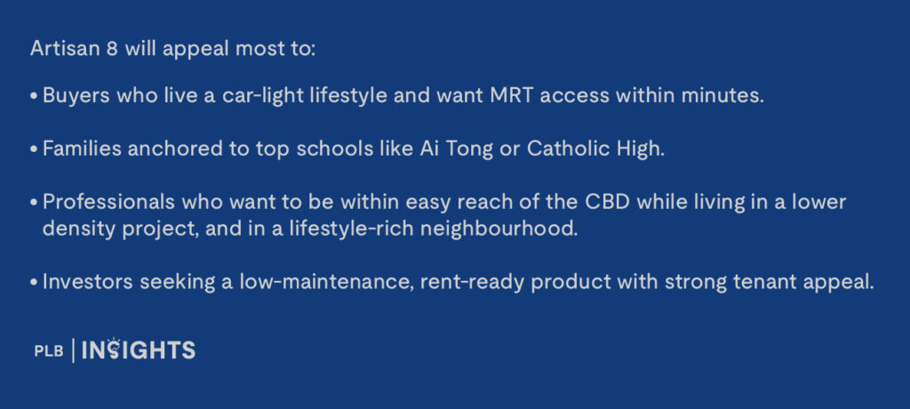 Buyers who live a car-light lifestyle and want MRT access within minutes.

Families anchored to top schools like Ai Tong or Catholic High.

Professionals who want to be within easy reach of the CBD while living in a lower density project, and in a lifestyle-rich neighbourhood.

Investors seeking a low-maintenance, rent-ready product with strong tenant appeal.
