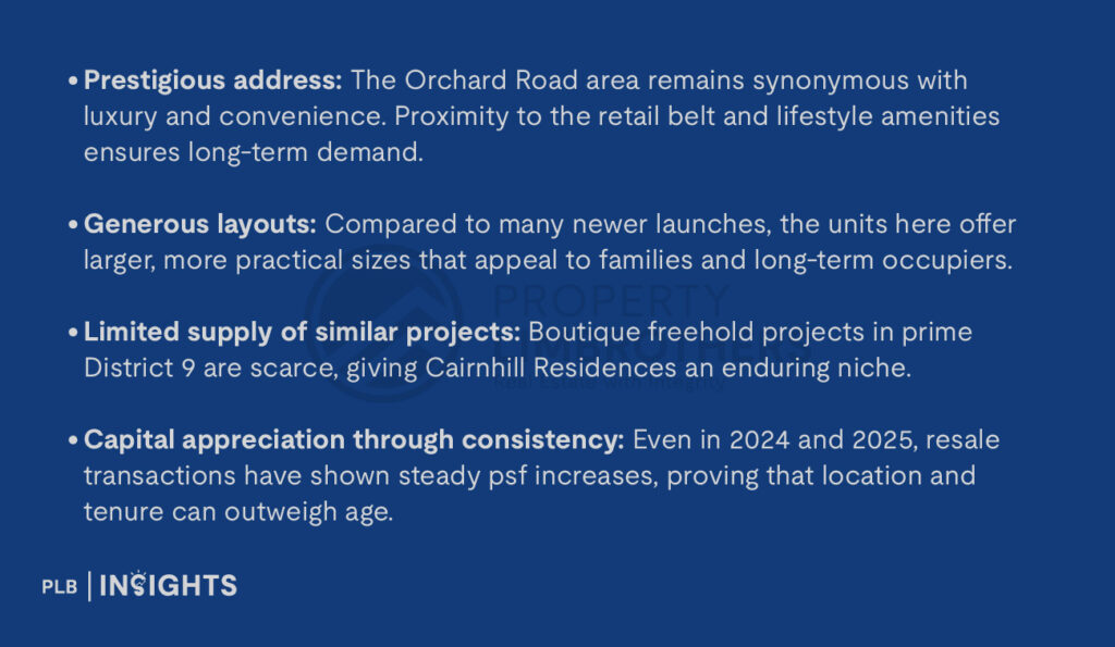 Prestigious address: The Orchard Road area remains synonymous with luxury and convenience. Proximity to the retail belt and lifestyle amenities ensures long-term demand.

Generous layouts: Compared to many newer launches, the units here offer larger, more practical sizes that appeal to families and long-term occupiers.

Limited supply of similar projects: Boutique freehold projects in prime District 9 are scarce, giving Cairnhill Residences an enduring niche.

Capital appreciation through consistency: Even in 2024 and 2025, resale transactions have shown steady psf increases, proving that location and tenure can outweigh age.