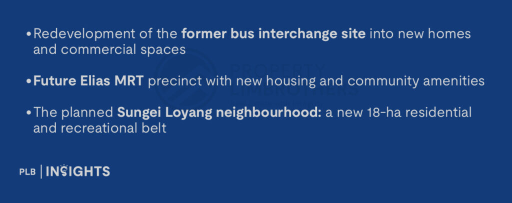 Redevelopment of the former bus interchange site into new homes and commercial spaces

Future Elias MRT precinct with new housing and community amenities

The planned Sungei Loyang neighbourhood: a new 18-ha residential and recreational belt