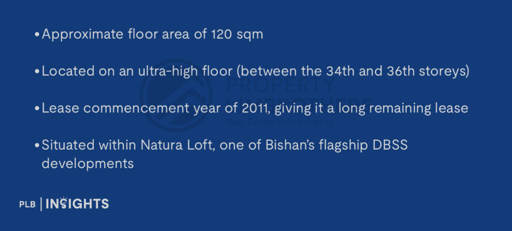 Approximate floor area of 120 sqm
Located on an ultra-high floor (between the 34th and 36th storeys)
Lease commencement year of 2011, giving it a long remaining lease
Situated within Natura Loft, one of Bishan’s flagship DBSS developments