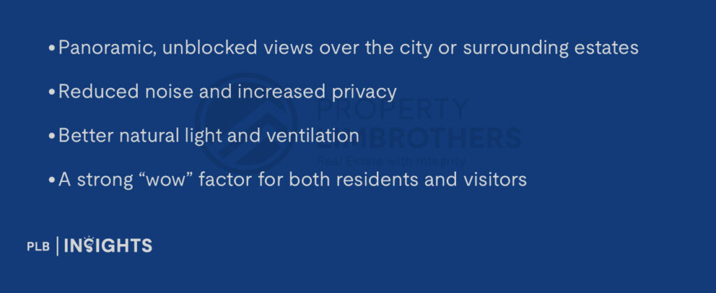 Panoramic, unblocked views over the city or surrounding estates
Reduced noise and increased privacy
Better natural light and ventilation
A strong “wow” factor for both residents and visitors