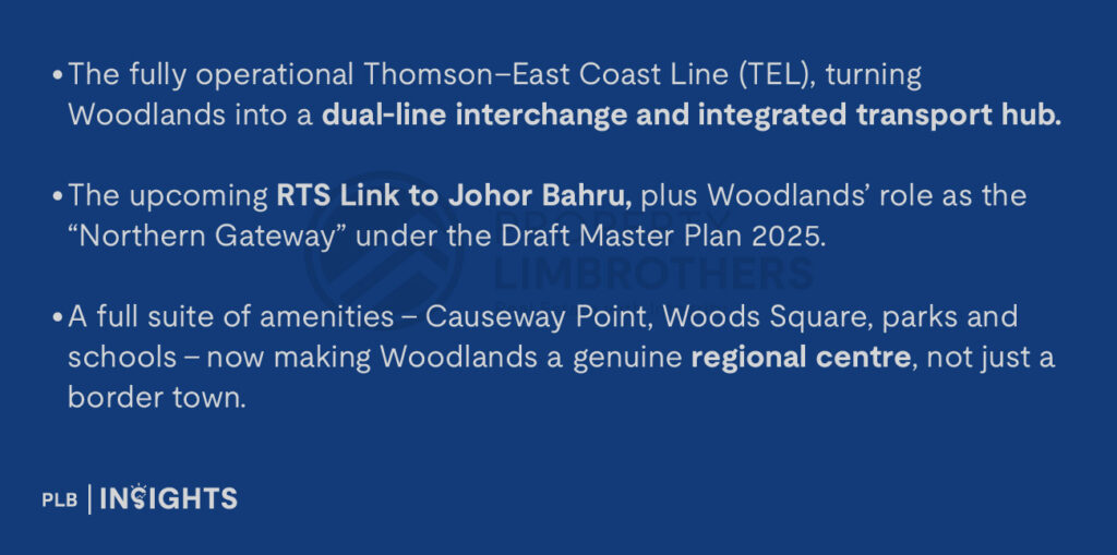 The fully operational Thomson–East Coast Line (TEL), turning Woodlands into a dual-line interchange and integrated transport hub.
The upcoming RTS Link to Johor Bahru, plus Woodlands’ role as the “Northern Gateway” under the Draft Master Plan 2025.
A full suite of amenities – Causeway Point, Woods Square, parks and schools – now making Woodlands a genuine regional centre, not just a border town.