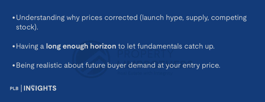 Understanding why prices corrected (launch hype, supply, competing stock).
Having a long enough horizon to let fundamentals catch up.
Being realistic about future buyer demand at your entry price.
