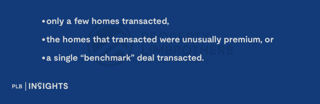only a few homes transacted,
the homes that transacted were unusually premium, or
a single “benchmark” deal transacted.