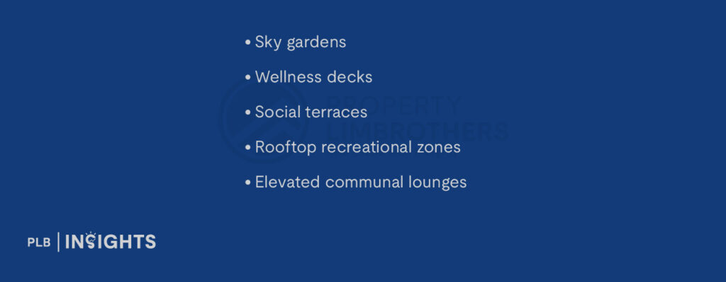 Sky gardens
Wellness decks
Social terraces
Rooftop recreational zones
Elevated communal lounges