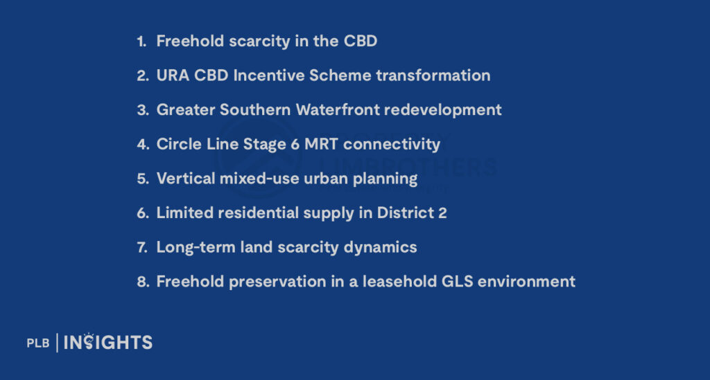 Freehold scarcity in the CBD
URA CBD Incentive Scheme transformation
Greater Southern Waterfront redevelopment
Circle Line Stage 6 MRT connectivity
Vertical mixed-use urban planning
Limited residential supply in District 2
Long-term land scarcity dynamics
Freehold preservation in a leasehold GLS environment